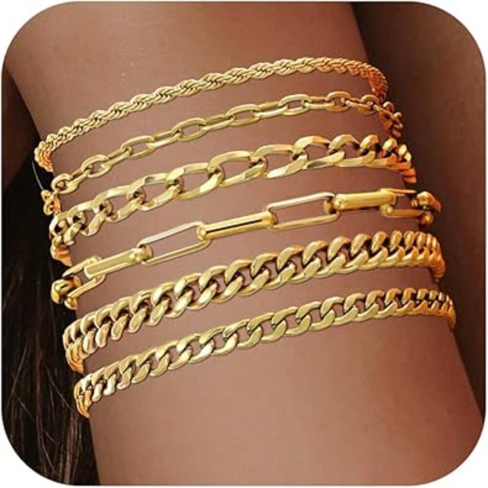 6 Stackable 14K Gold Plated Bracelet for Women Paperclip Hypoallergenic